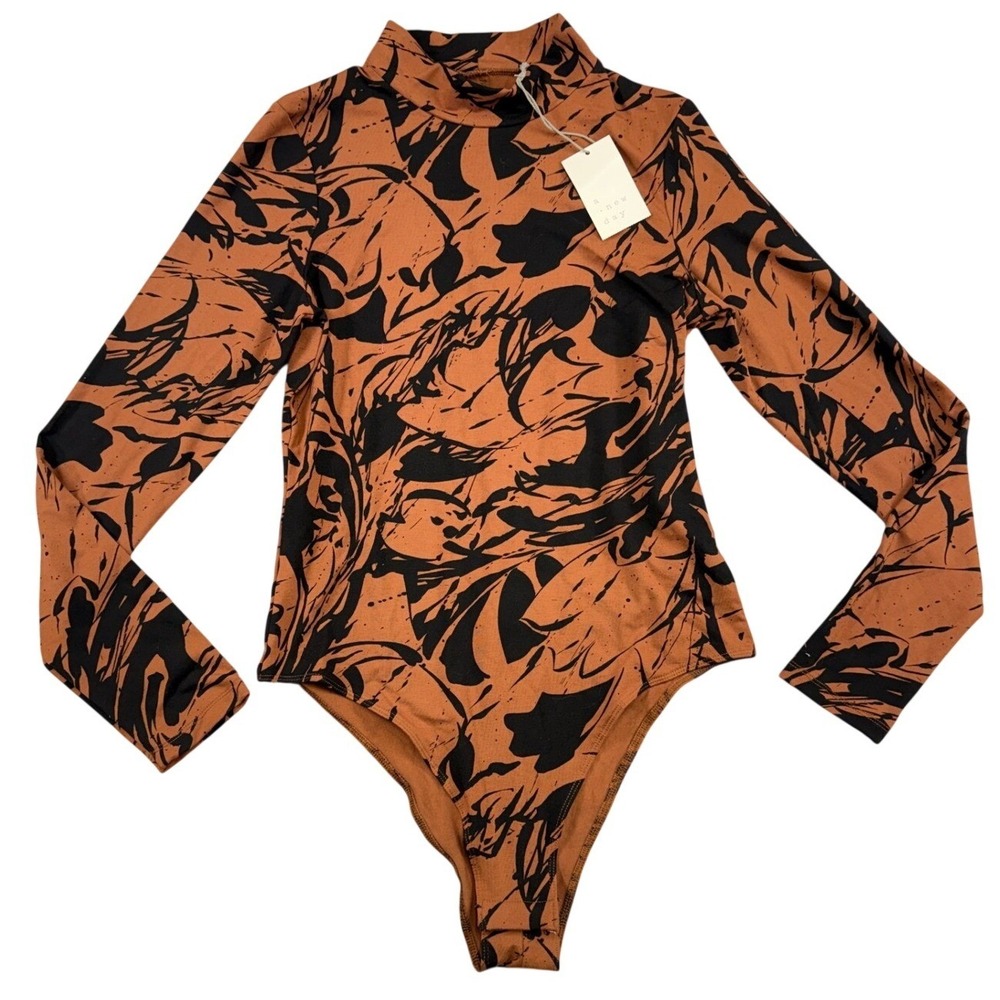 A New Day Rust Brown Black Abstract Swirl Mock Neck Long Sleeve Bodysuit Medium